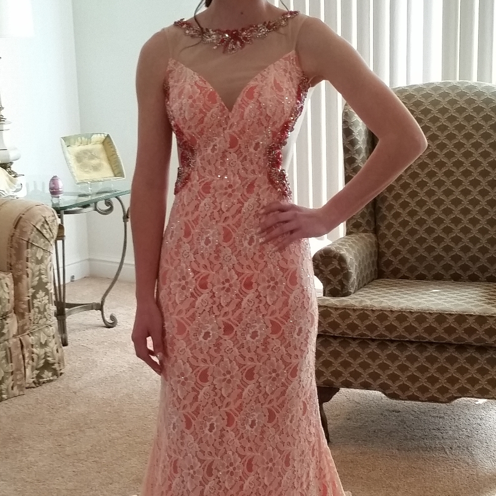 Coral with shimmery off white lace dress
